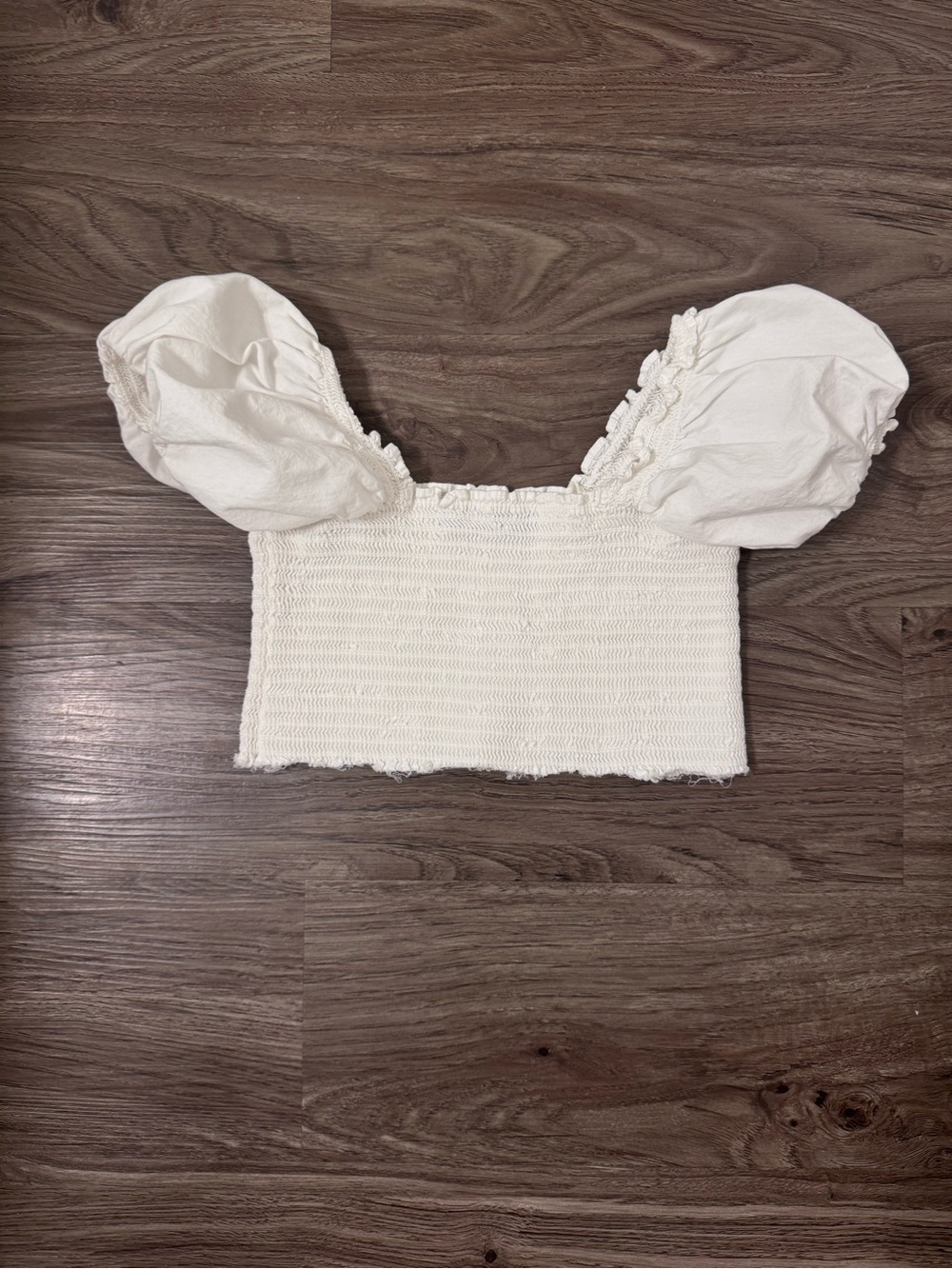 White Smocked Puff-Sleeve Crop Top